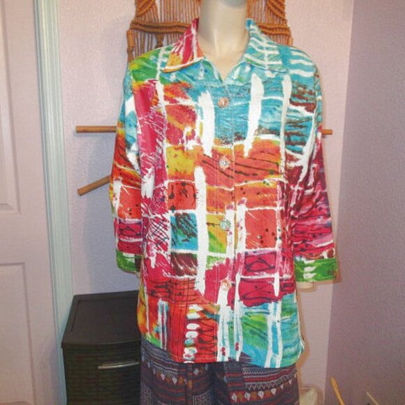 Parsley & Sage Rainbow Art To Wear Top Size XL Button Up Tunic Boho Pop Art NEW - Picture 1 of 13